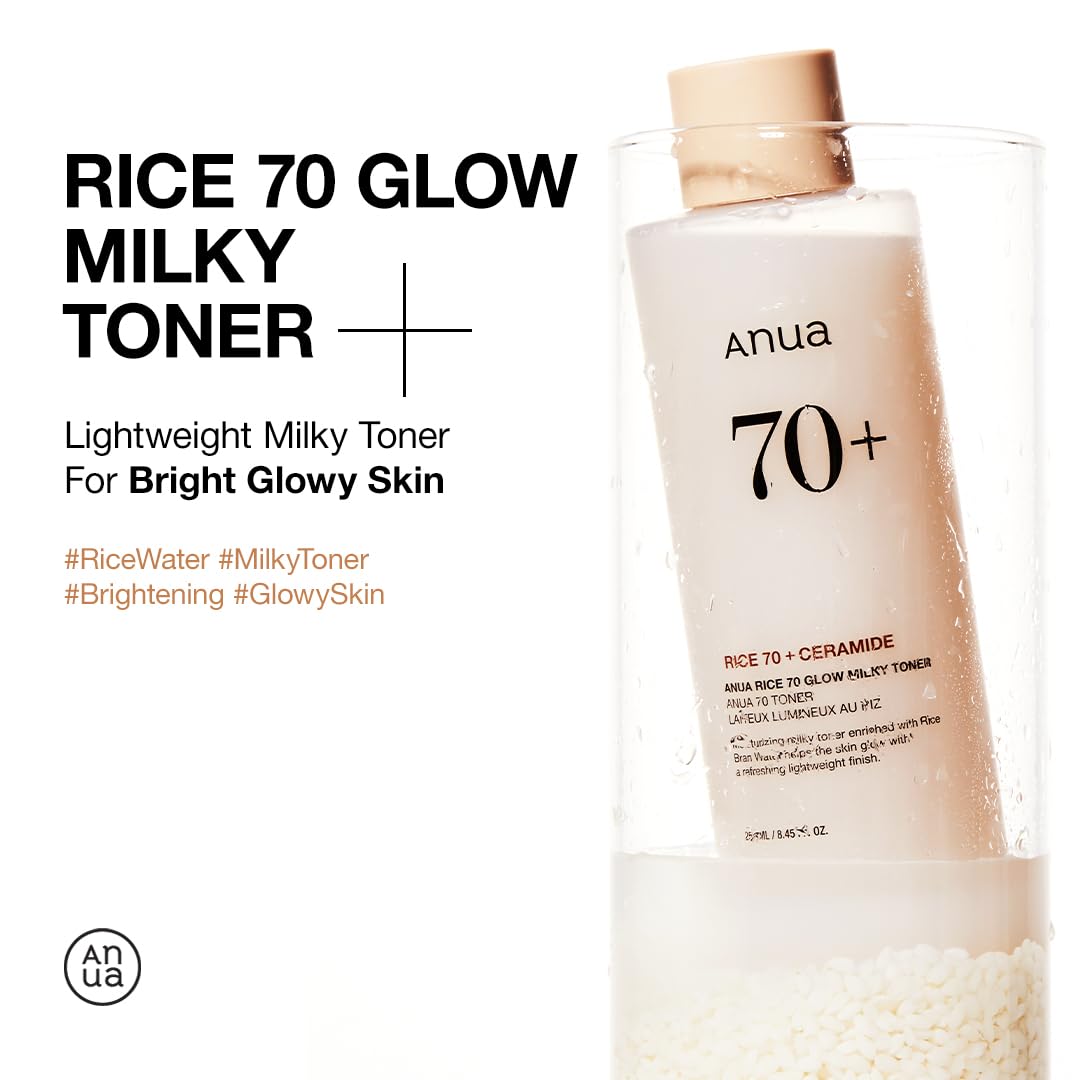 ANUA Rice 70 Glow Milky Toner, for Glass Skin and Brightening, Rice Water