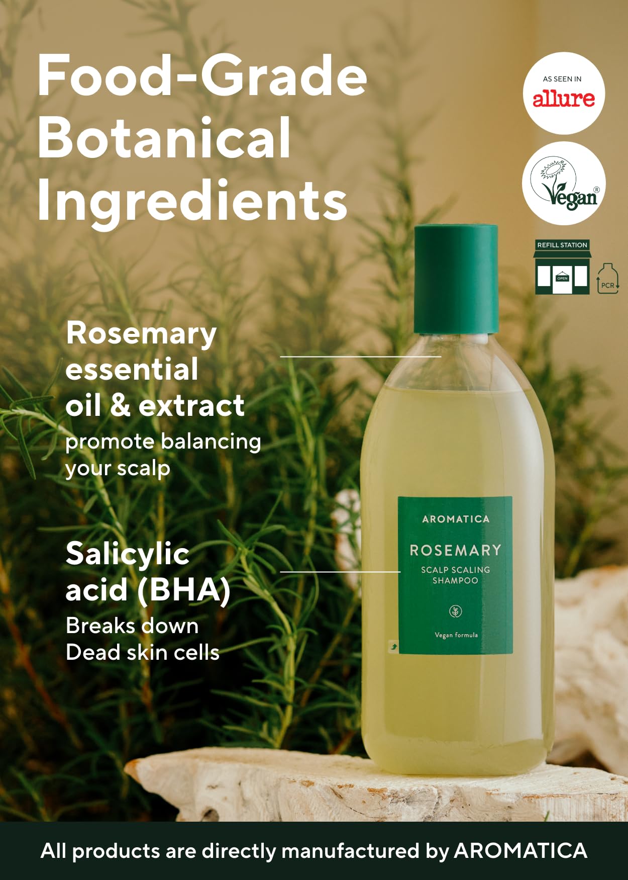 AROMATICA Rosemary Scalp Scaling Shampoo (2pack) 13.53 oz / 400 ml - Vegan Shampoo with Food-graded Rosemary Essential Oil